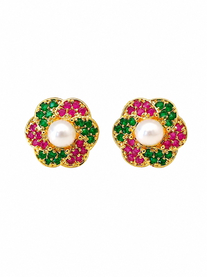 Certified natural freshwater pearls jewellery floral pearl centre stud earrings with ruby & emerald zirconia gold-tone 5