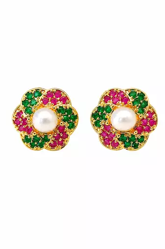 Certified natural freshwater pearls jewellery floral pearl centre stud earrings with ruby & emerald zirconia gold-tone