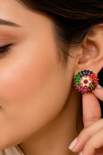 Certified natural freshwater pearls jewellery floral design, stud closure, festive wear, multi-stone setting,traditional