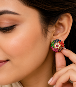 Certified natural freshwater pearls jewellery floral design, stud closure, festive wear, multi-stone setting,traditional