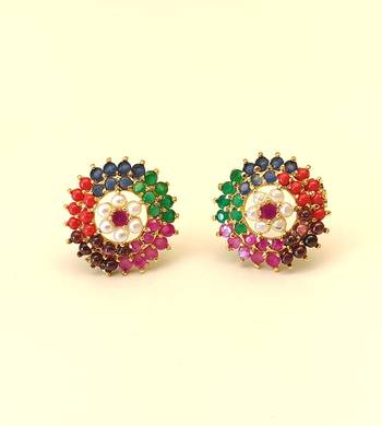 Certified natural freshwater pearls jewellery floral design, stud closure, festive wear, multi-stone setting,traditional 2