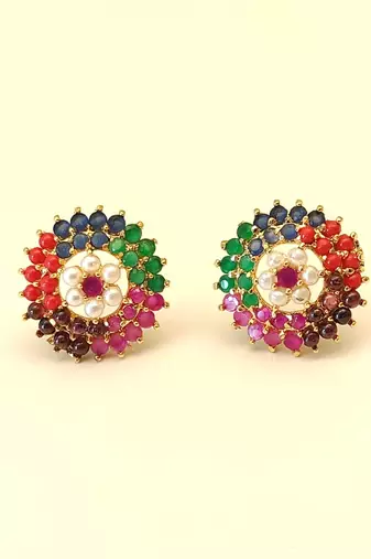 Certified natural freshwater pearls jewellery floral design, stud closure, festive wear, multi-stone setting,traditional
