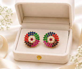 Certified natural freshwater pearls jewellery floral design, stud closure, festive wear, multi-stone setting,traditional 3