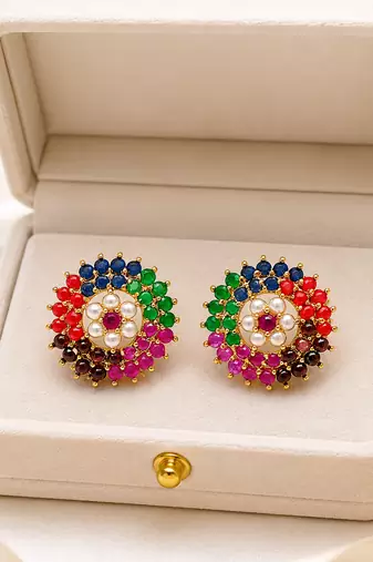 Certified natural freshwater pearls jewellery floral design, stud closure, festive wear, multi-stone setting,traditional
