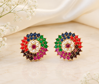 Certified natural freshwater pearls jewellery floral design, stud closure, festive wear, multi-stone setting,traditional 4