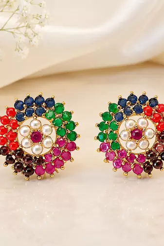 Certified natural freshwater pearls jewellery floral design, stud closure, festive wear, multi-stone setting,traditional