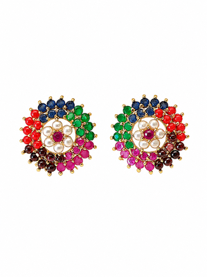 Certified natural freshwater pearls jewellery floral design, stud closure, festive wear, multi-stone setting,traditional 5