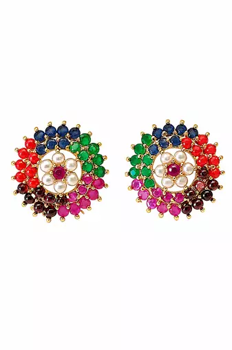 Certified natural freshwater pearls jewellery floral design, stud closure, festive wear, multi-stone setting,traditional