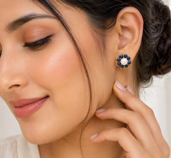 Certified natural freshwater pearls jewellery pearl and blue sapphire floral stud earrings in gold tone flower cluster 1