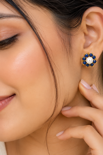 Certified natural freshwater pearls jewellery pearl and blue sapphire floral stud earrings in gold tone flower cluster