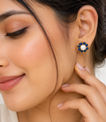Certified natural freshwater pearls jewellery pearl and blue sapphire floral stud earrings in gold tone flower cluster