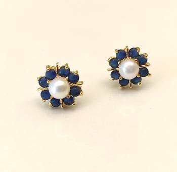 Certified natural freshwater pearls jewellery pearl and blue sapphire floral stud earrings in gold tone flower cluster 2