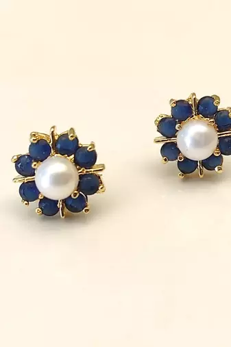 Certified natural freshwater pearls jewellery pearl and blue sapphire floral stud earrings in gold tone flower cluster