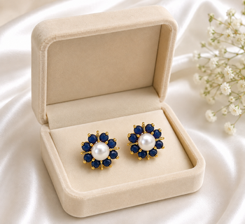 Certified natural freshwater pearls jewellery pearl and blue sapphire floral stud earrings in gold tone flower cluster 3