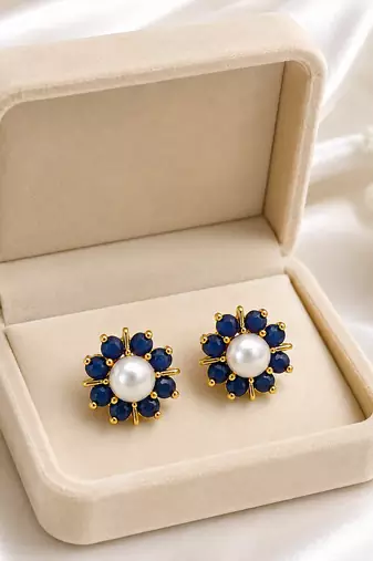 Certified natural freshwater pearls jewellery pearl and blue sapphire floral stud earrings in gold tone flower cluster