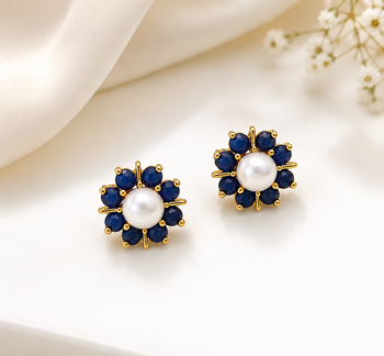 Certified natural freshwater pearls jewellery pearl and blue sapphire floral stud earrings in gold tone flower cluster 4