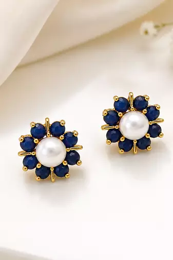 Certified natural freshwater pearls jewellery pearl and blue sapphire floral stud earrings in gold tone flower cluster