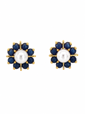 Certified natural freshwater pearls jewellery pearl and blue sapphire floral stud earrings in gold tone flower cluster 5