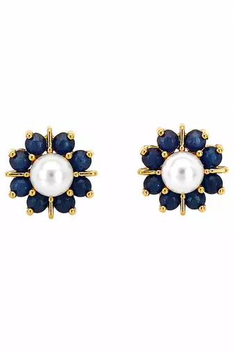 Certified natural freshwater pearls jewellery pearl and blue sapphire floral stud earrings in gold tone flower cluster