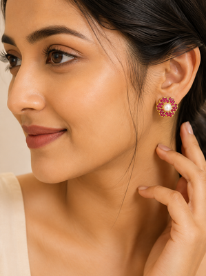 Certified natural freshwater pearls jewellery pearl centre ruby zirconia flower stud earrings, gold tone floral design. 1