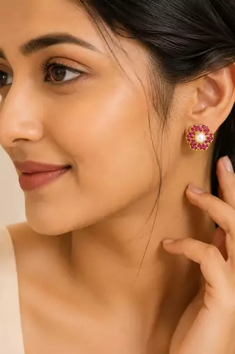 Certified natural freshwater pearls jewellery pearl centre ruby zirconia flower stud earrings, gold tone floral design.