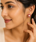 Certified natural freshwater pearls jewellery pearl centre ruby zirconia flower stud earrings, gold tone floral design.