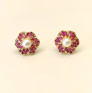 Certified natural freshwater pearls jewellery pearl centre ruby zirconia flower stud earrings, gold tone floral design. 2