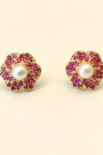 Certified natural freshwater pearls jewellery pearl centre ruby zirconia flower stud earrings, gold tone floral design.