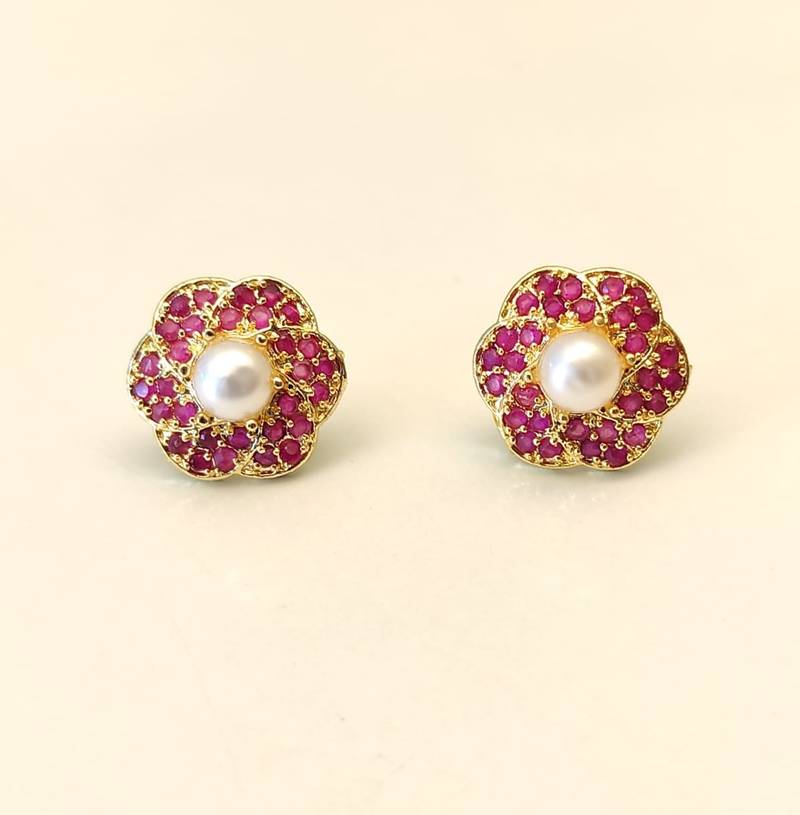 Certified natural freshwater pearls jewellery pearl centre ruby zirconia flower stud earrings, gold tone floral design.