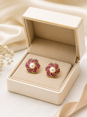 Certified natural freshwater pearls jewellery pearl centre ruby zirconia flower stud earrings, gold tone floral design. 3