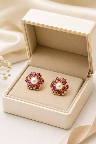 Certified natural freshwater pearls jewellery pearl centre ruby zirconia flower stud earrings, gold tone floral design.