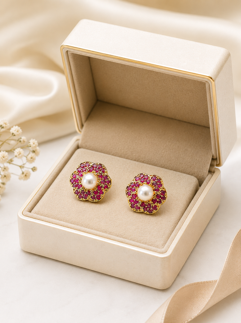 Certified natural freshwater pearls jewellery pearl centre ruby zirconia flower stud earrings, gold tone floral design.
