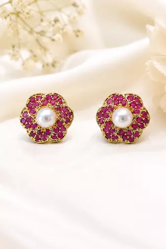 Certified natural freshwater pearls jewellery pearl centre ruby zirconia flower stud earrings, gold tone floral design.