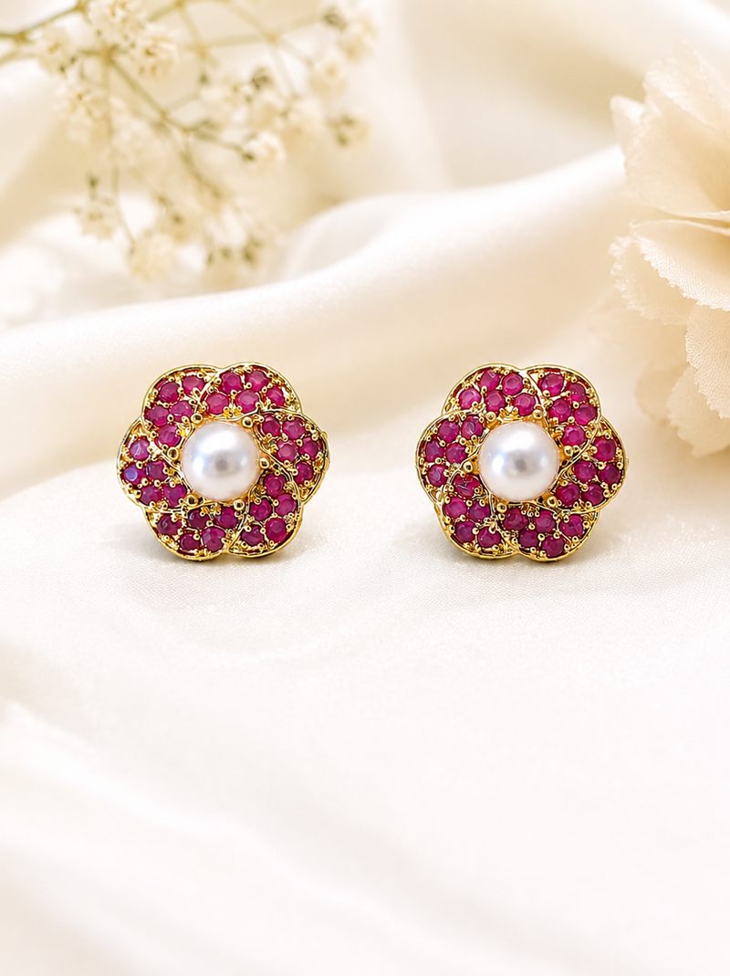 Certified natural freshwater pearls jewellery pearl centre ruby zirconia flower stud earrings, gold tone floral design.