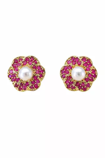 Certified natural freshwater pearls jewellery pearl centre ruby zirconia flower stud earrings, gold tone floral design.