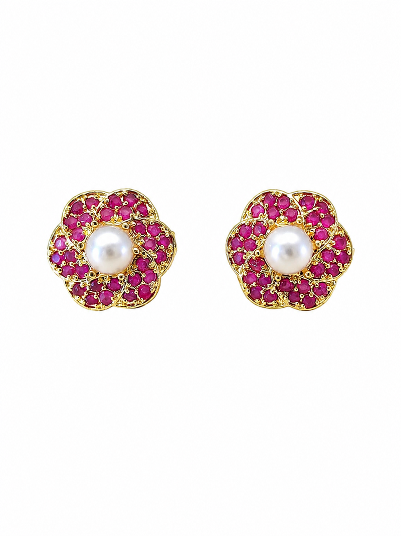 Certified natural freshwater pearls jewellery pearl centre ruby zirconia flower stud earrings, gold tone floral design.