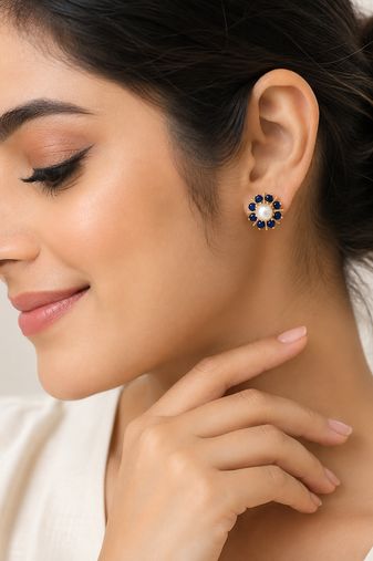 Certified natural freshwater pearls jewellery pearl & blue sapphire floral stud earrings, gold-toned flower design