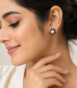 Certified natural freshwater pearls jewellery pearl & blue sapphire floral stud earrings, gold-toned flower design