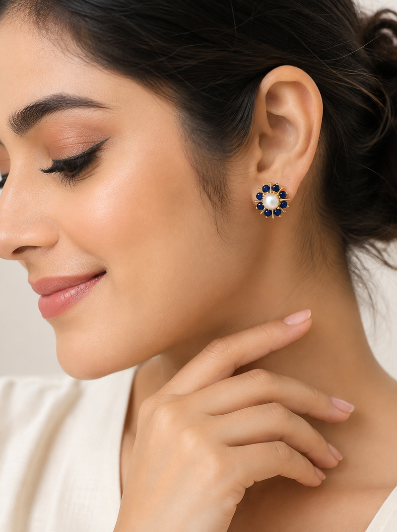 Certified natural freshwater pearls jewellery pearl & blue sapphire floral stud earrings, gold-toned flower design