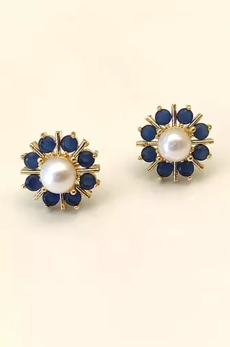 Certified natural freshwater pearls jewellery pearl & blue sapphire floral stud earrings, gold-toned flower design
