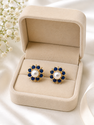 Certified natural freshwater pearls jewellery pearl & blue sapphire floral stud earrings, gold-toned flower design 3