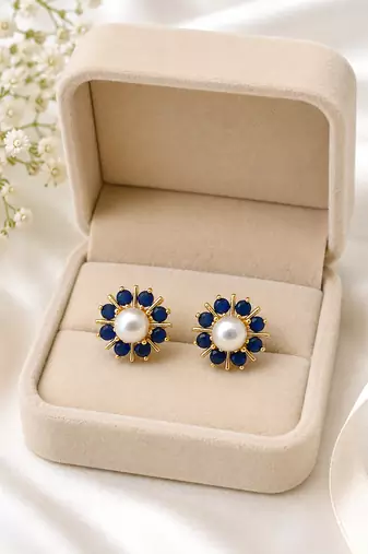 Certified natural freshwater pearls jewellery pearl & blue sapphire floral stud earrings, gold-toned flower design