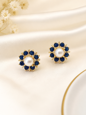 Certified natural freshwater pearls jewellery pearl & blue sapphire floral stud earrings, gold-toned flower design 4