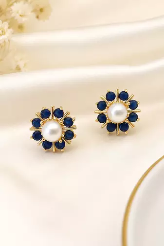 Certified natural freshwater pearls jewellery pearl & blue sapphire floral stud earrings, gold-toned flower design