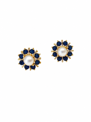 Certified natural freshwater pearls jewellery pearl & blue sapphire floral stud earrings, gold-toned flower design 5