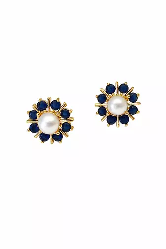 Certified natural freshwater pearls jewellery pearl & blue sapphire floral stud earrings, gold-toned flower design