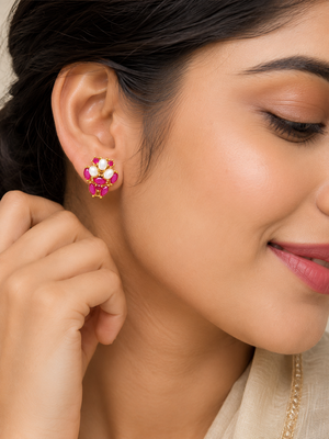 Certified natural freshwater pearls jewellery ruby & pearl stud earrings for women, gold-toned floral oval ruby stones. 1
