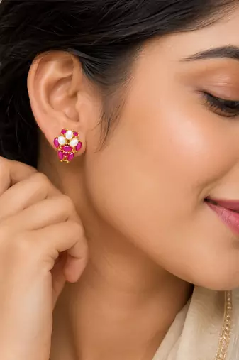 Certified natural freshwater pearls jewellery ruby & pearl stud earrings for women, gold-toned floral oval ruby stones.