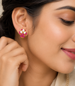 Certified natural freshwater pearls jewellery ruby & pearl stud earrings for women, gold-toned floral oval ruby stones.