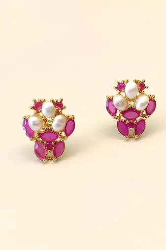 Certified natural freshwater pearls jewellery ruby & pearl stud earrings for women, gold-toned floral oval ruby stones.